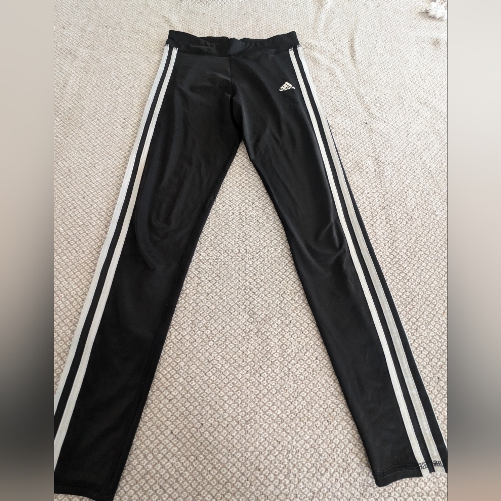 Adidas Kids Black Leggings with Dual White Stripes Like New